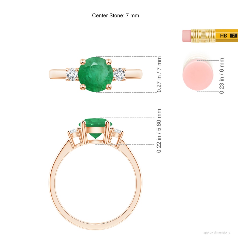 7mm A Prong-Set Round 3 Stone Emerald and Diamond Ring in Rose Gold ruler