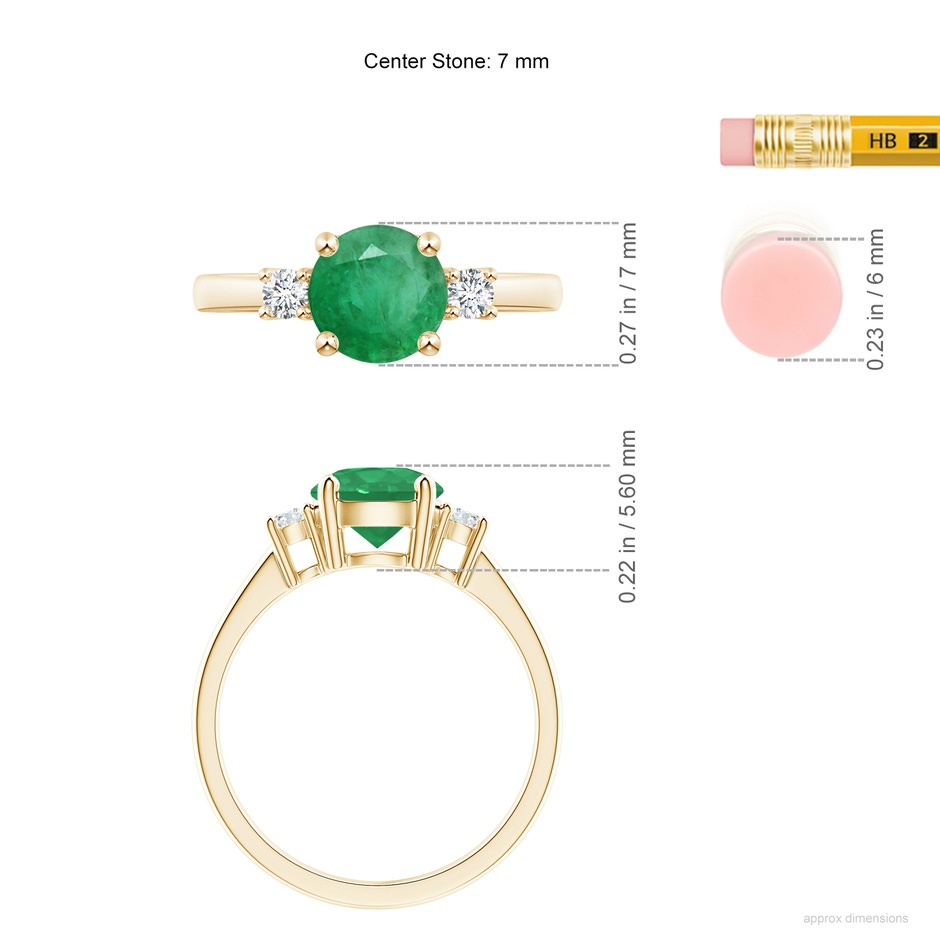 7mm A Prong-Set Round 3 Stone Emerald and Diamond Ring in Yellow Gold ruler