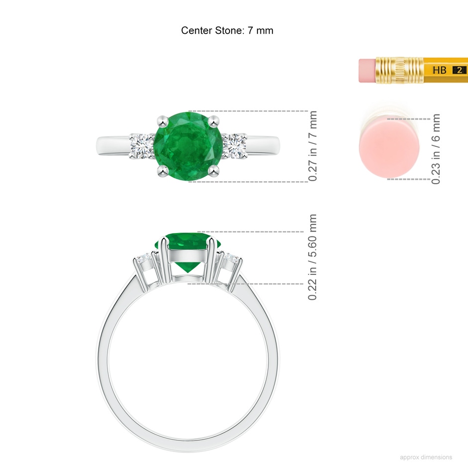 7mm AA Prong-Set Round 3 Stone Emerald and Diamond Ring in White Gold ruler