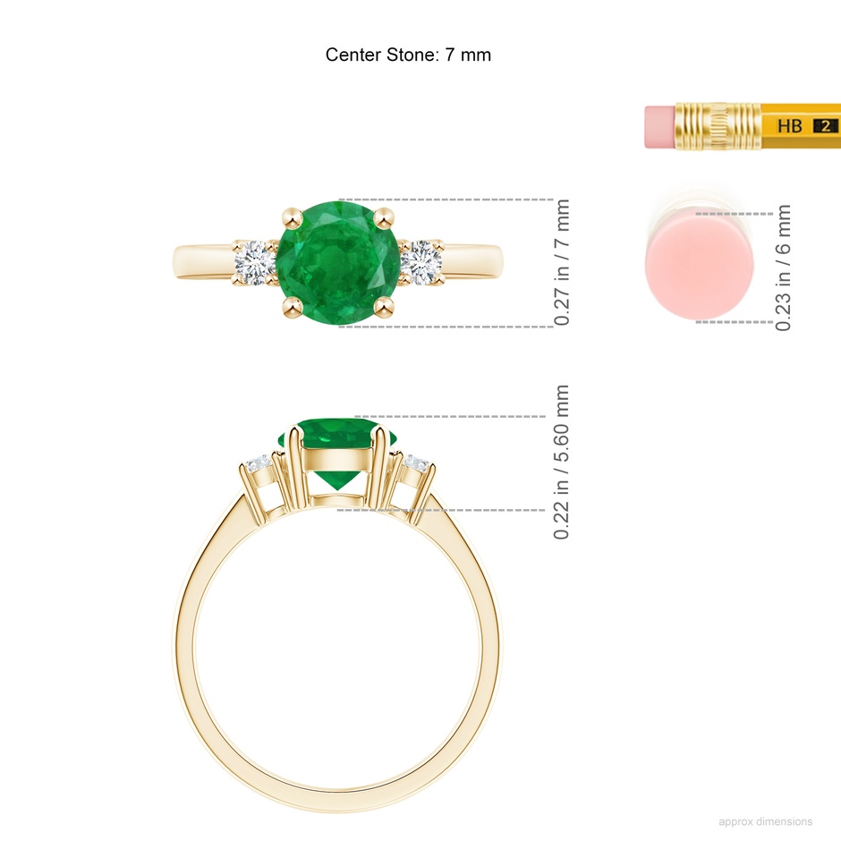 7mm AA Prong-Set Round 3 Stone Emerald and Diamond Ring in Yellow Gold ruler