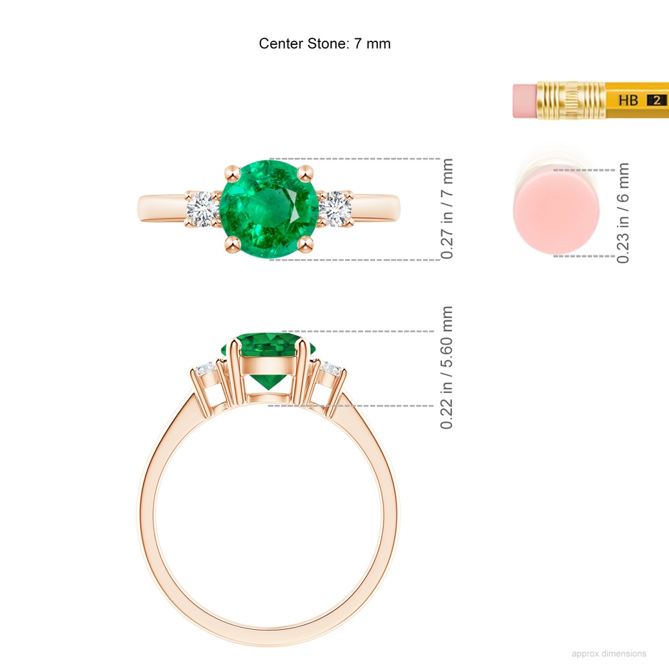 7mm AAA Prong-Set Round 3 Stone Emerald and Diamond Ring in Rose Gold ruler