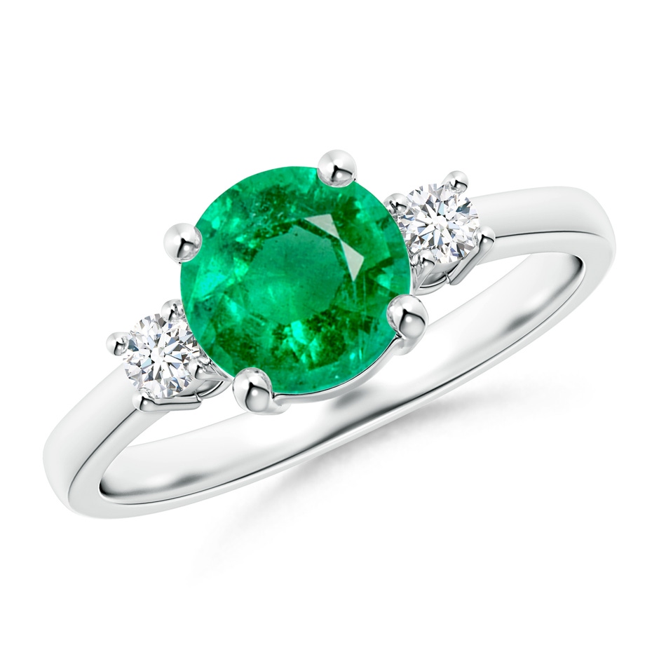 7mm AAA Prong-Set Round 3 Stone Emerald and Diamond Ring in White Gold 