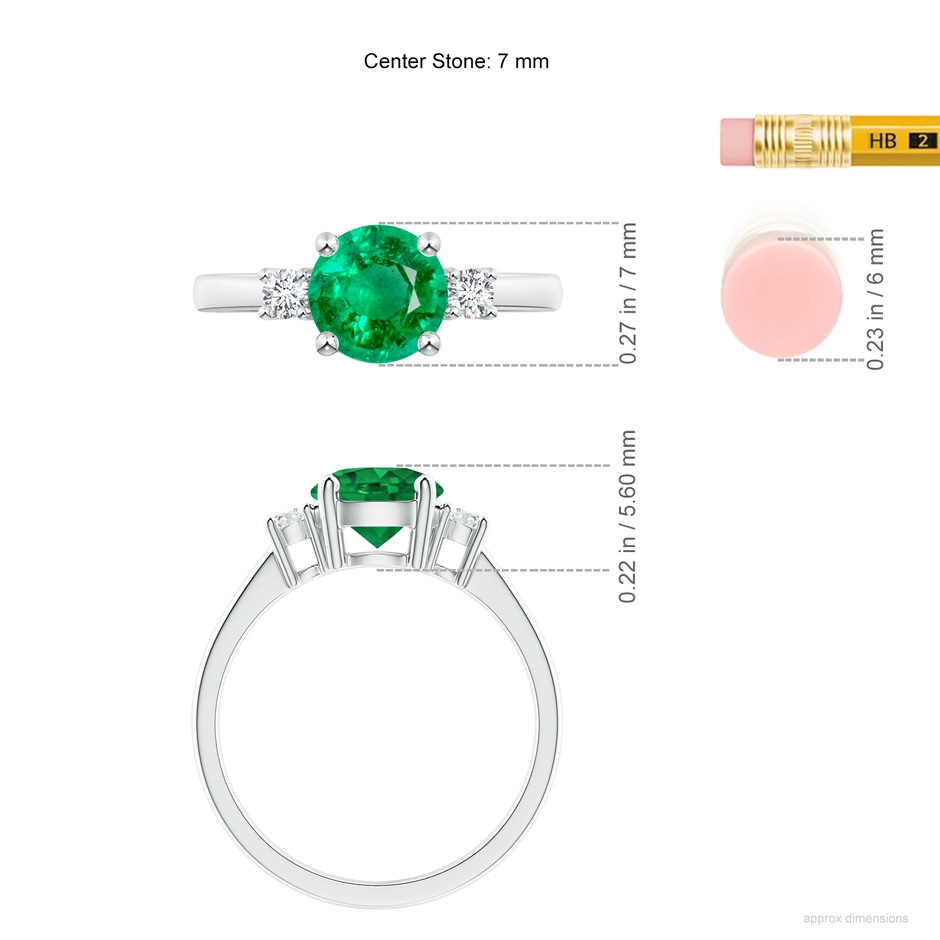 7mm AAA Prong-Set Round 3 Stone Emerald and Diamond Ring in White Gold ruler