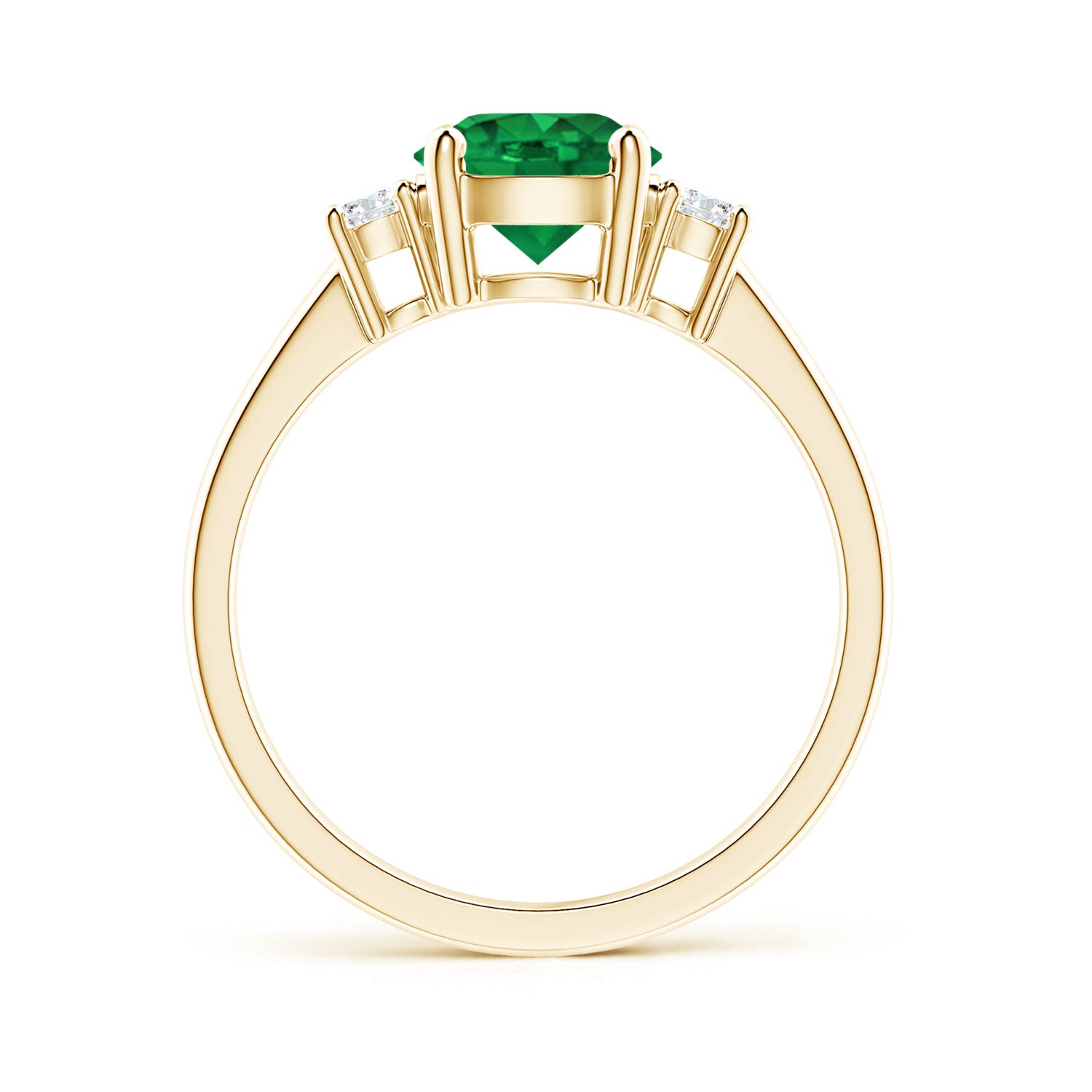 7mm AAA Prong-Set Round 3 Stone Emerald and Diamond Ring in Yellow Gold
