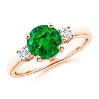 7mm AAAA Prong-Set Round 3 Stone Emerald and Diamond Ring in 9K Rose Gold