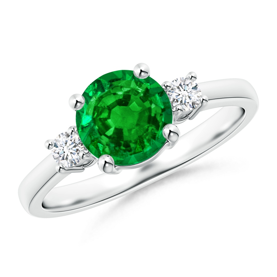 7mm AAAA Prong-Set Round 3 Stone Emerald and Diamond Ring in P950 Platinum 