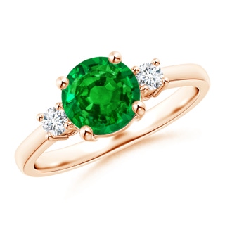 7mm AAAA Prong-Set Round 3 Stone Emerald and Diamond Ring in Rose Gold