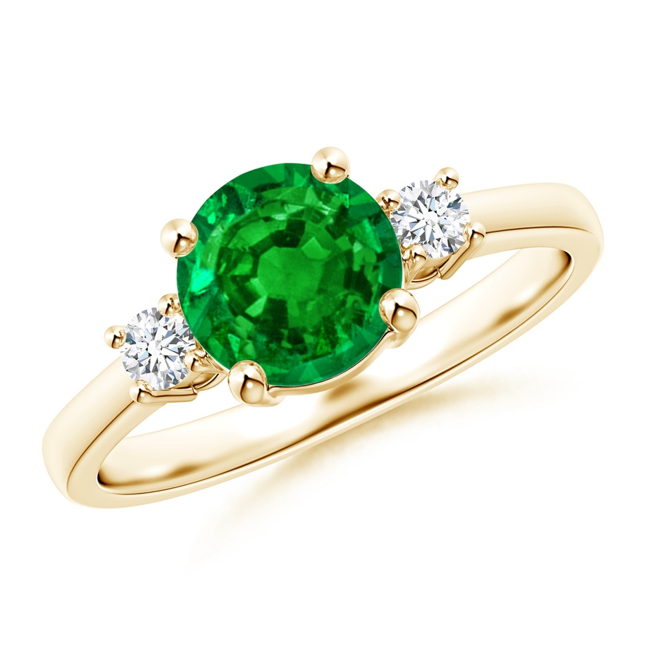 7mm AAAA Prong-Set Round 3 Stone Emerald and Diamond Ring in Yellow Gold 