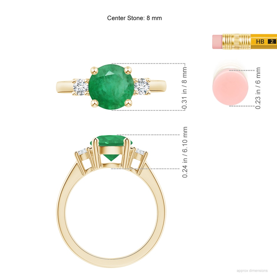 8mm A Prong-Set Round 3 Stone Emerald and Diamond Ring in Yellow Gold ruler