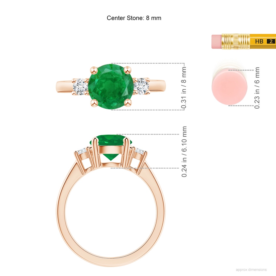 8mm AA Prong-Set Round 3 Stone Emerald and Diamond Ring in 18K Rose Gold ruler