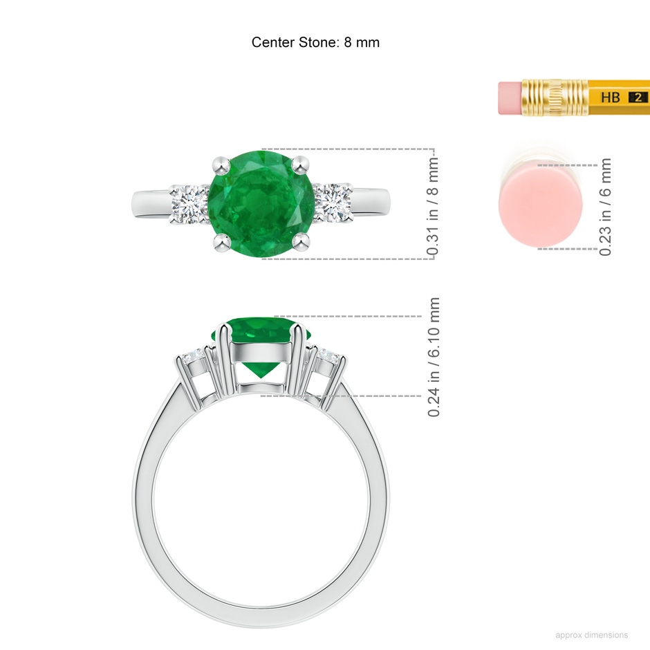 8mm AA Prong-Set Round 3 Stone Emerald and Diamond Ring in White Gold ruler