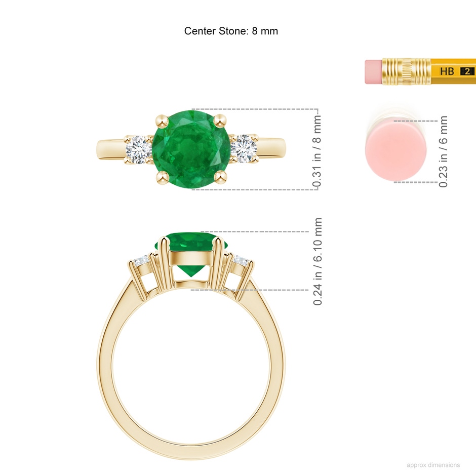 8mm AA Prong-Set Round 3 Stone Emerald and Diamond Ring in Yellow Gold ruler