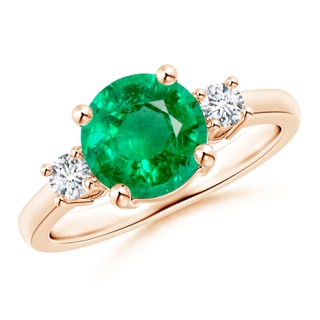 8mm AAA Prong-Set Round 3 Stone Emerald and Diamond Ring in 18K Rose Gold