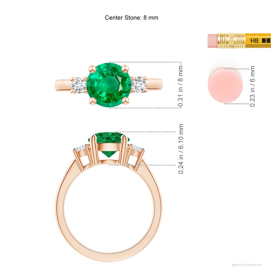 8mm AAA Prong-Set Round 3 Stone Emerald and Diamond Ring in Rose Gold ruler
