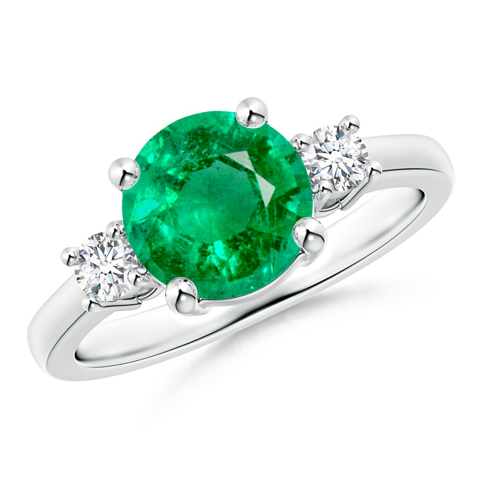 8mm AAA Prong-Set Round 3 Stone Emerald and Diamond Ring in White Gold 