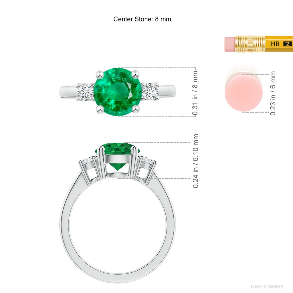 8mm AAA Prong-Set Round 3 Stone Emerald and Diamond Ring in White Gold ruler