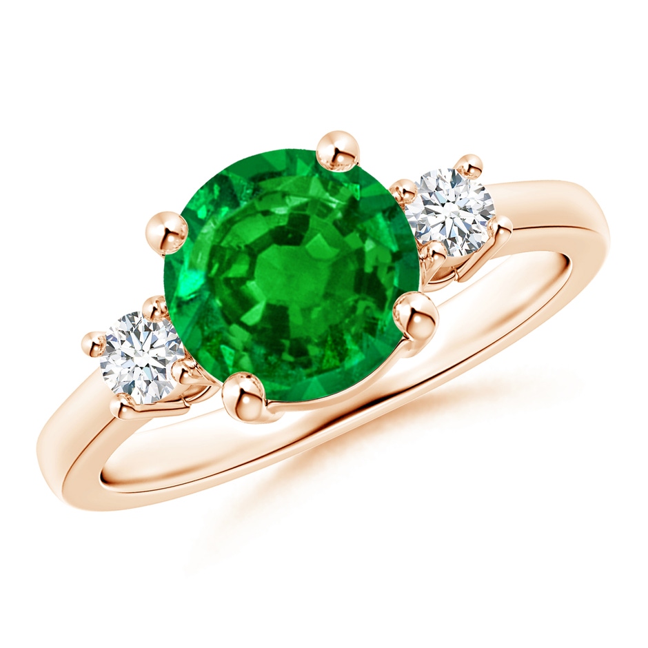 8mm AAAA Prong-Set Round 3 Stone Emerald and Diamond Ring in Rose Gold 