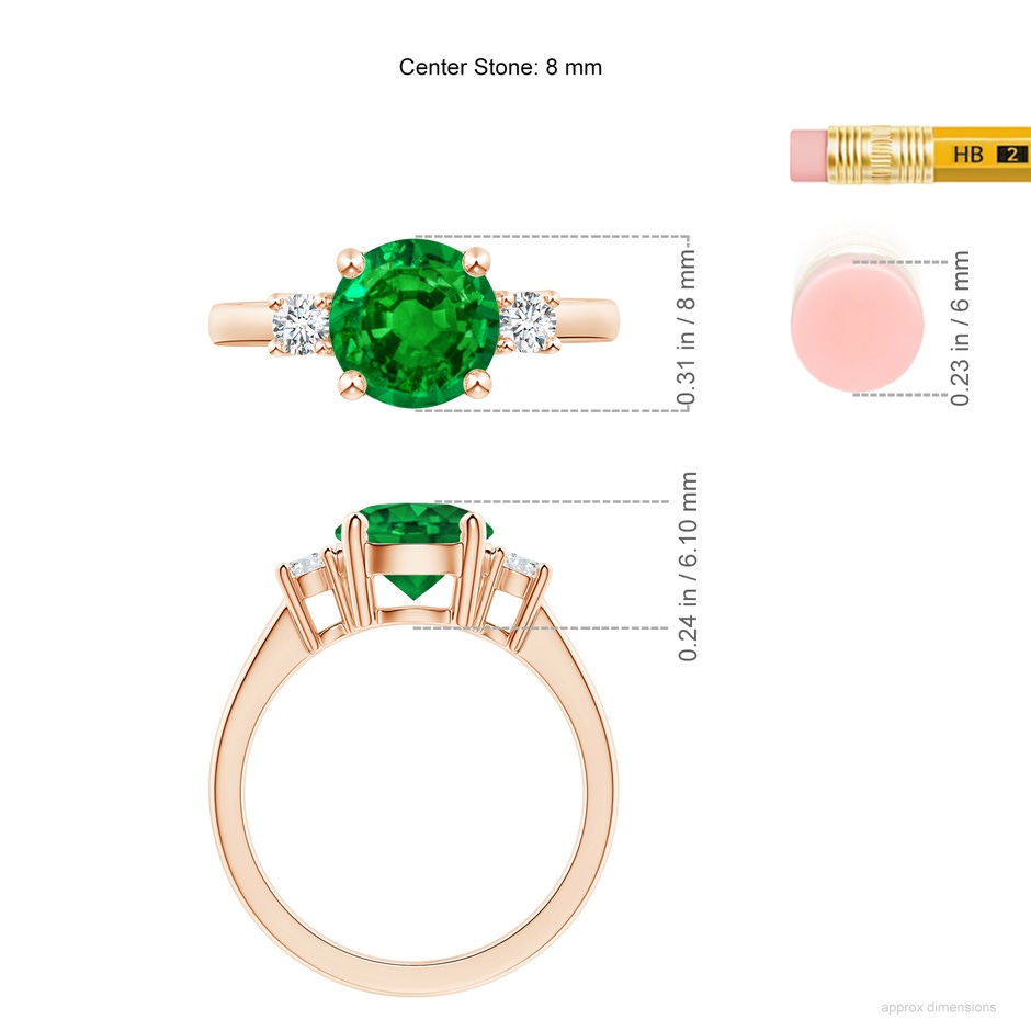 8mm AAAA Prong-Set Round 3 Stone Emerald and Diamond Ring in Rose Gold ruler