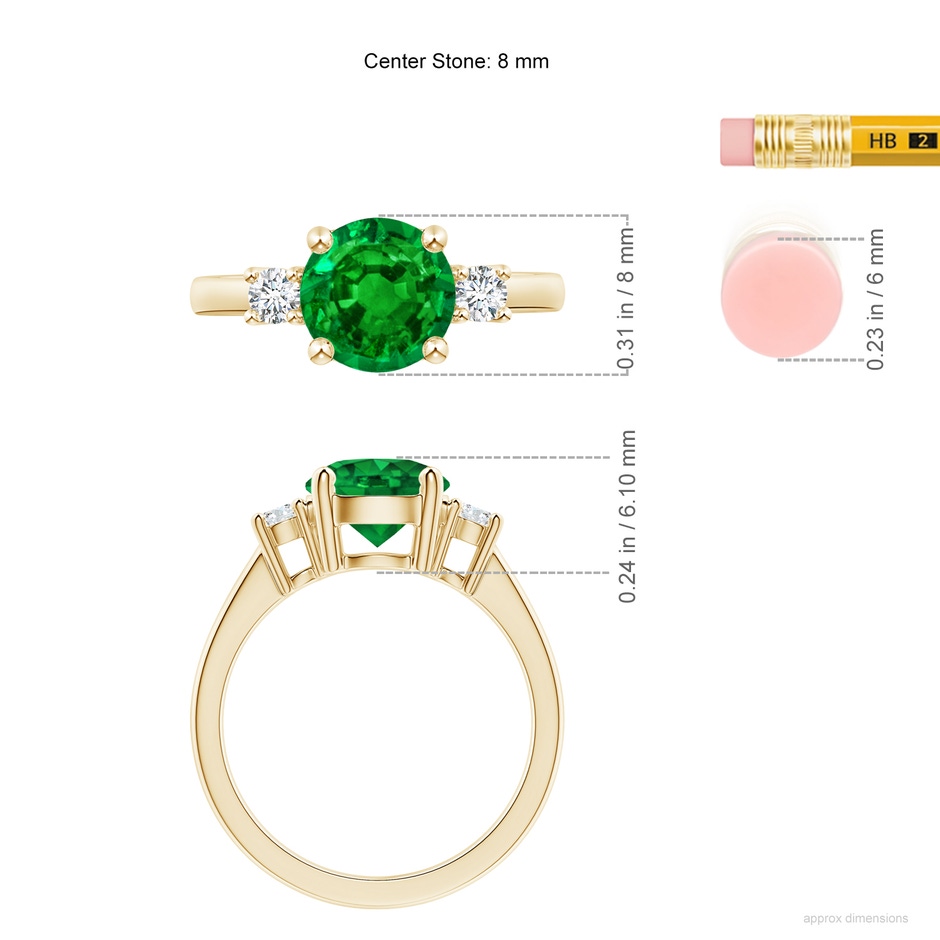 8mm AAAA Prong-Set Round 3 Stone Emerald and Diamond Ring in Yellow Gold ruler