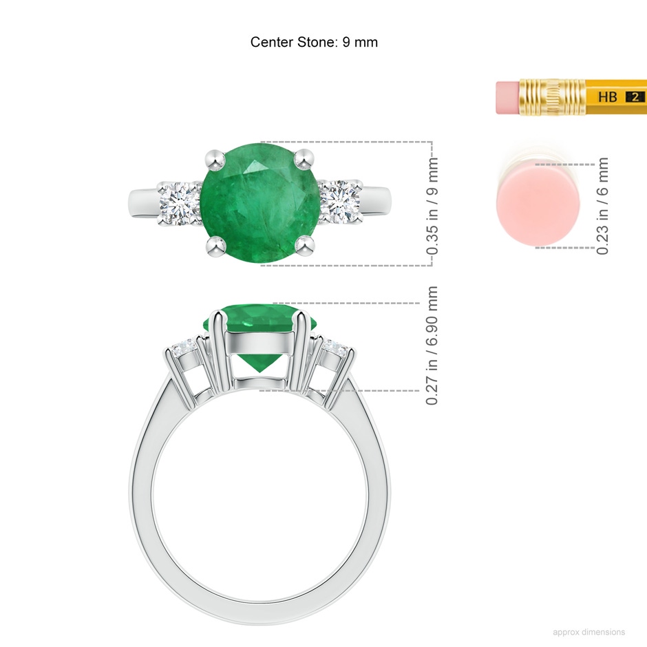 9mm A Prong-Set Round 3 Stone Emerald and Diamond Ring in P950 Platinum ruler