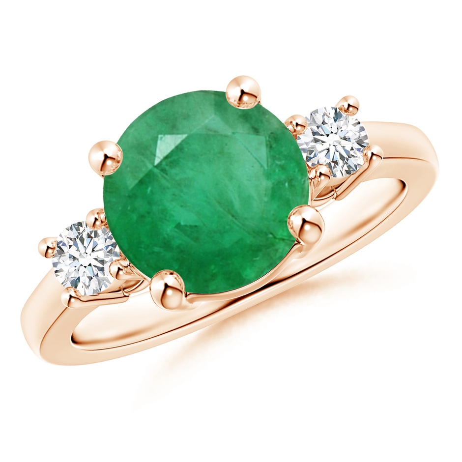 9mm A Prong-Set Round 3 Stone Emerald and Diamond Ring in Rose Gold 