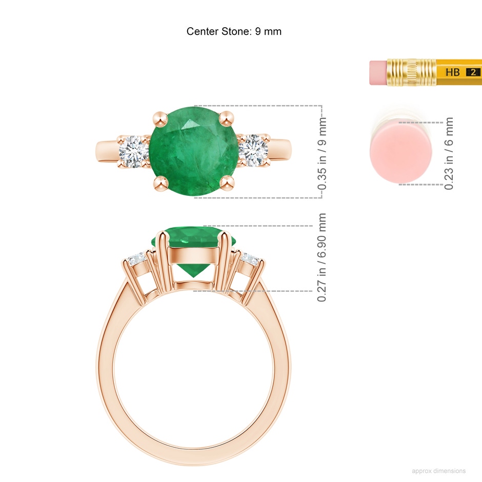 9mm A Prong-Set Round 3 Stone Emerald and Diamond Ring in Rose Gold ruler