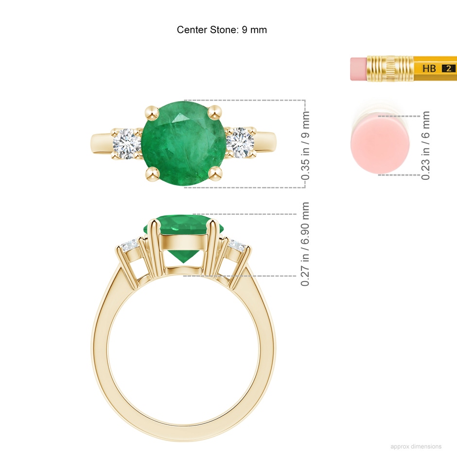 9mm A Prong-Set Round 3 Stone Emerald and Diamond Ring in Yellow Gold ruler
