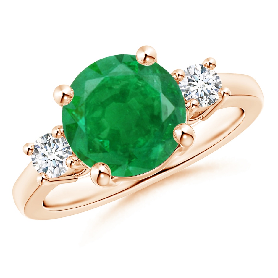9mm AA Prong-Set Round 3 Stone Emerald and Diamond Ring in 18K Rose Gold 