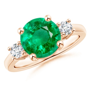 9mm AAA Prong-Set Round 3 Stone Emerald and Diamond Ring in 18K Rose Gold