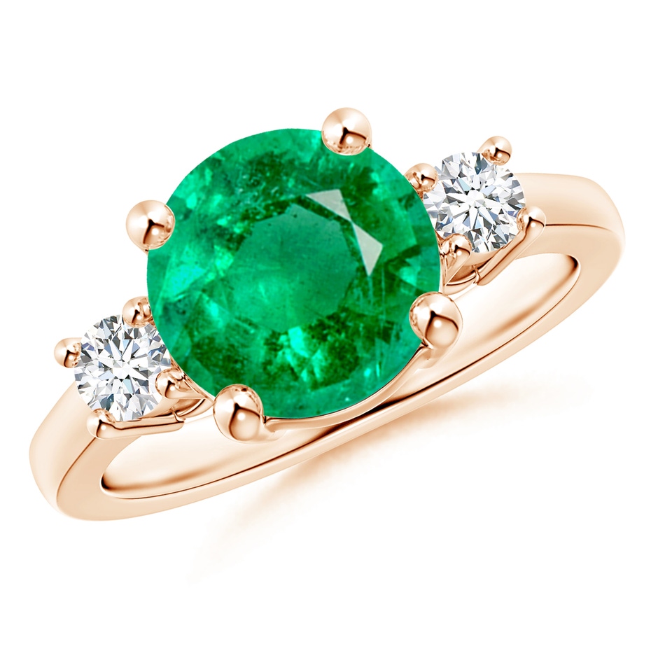 9mm AAA Prong-Set Round 3 Stone Emerald and Diamond Ring in 18K Rose Gold 