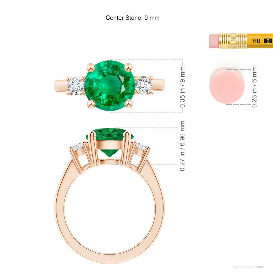 9mm AAA Prong-Set Round 3 Stone Emerald and Diamond Ring in 18K Rose Gold ruler