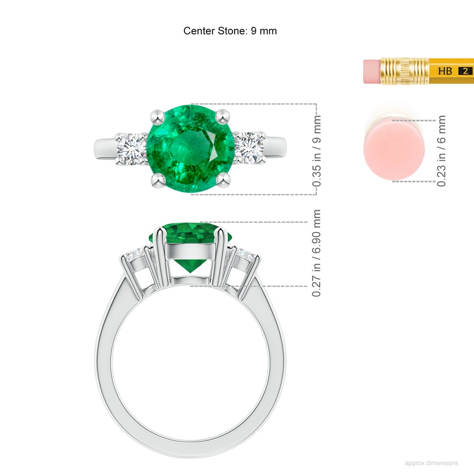 9mm AAA Prong-Set Round 3 Stone Emerald and Diamond Ring in P950 Platinum ruler