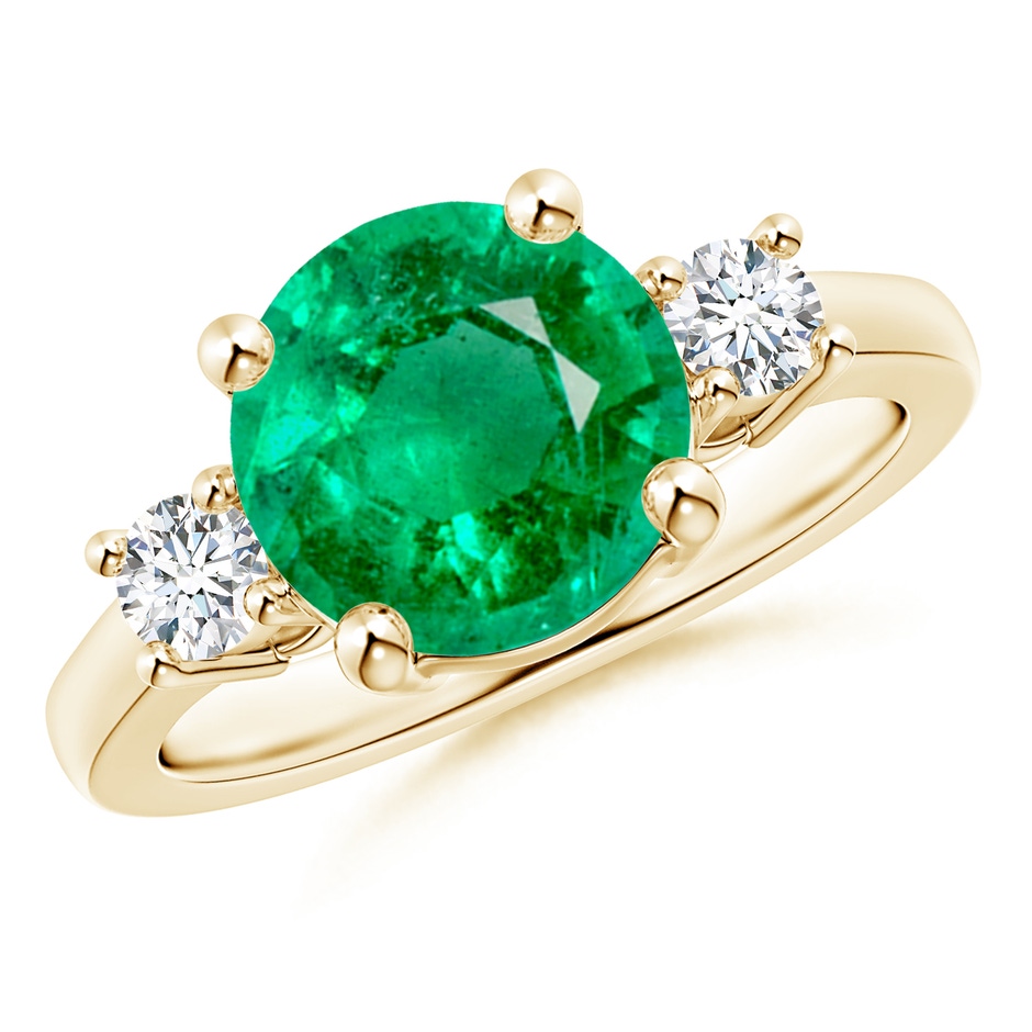 9mm AAA Prong-Set Round 3 Stone Emerald and Diamond Ring in Yellow Gold 