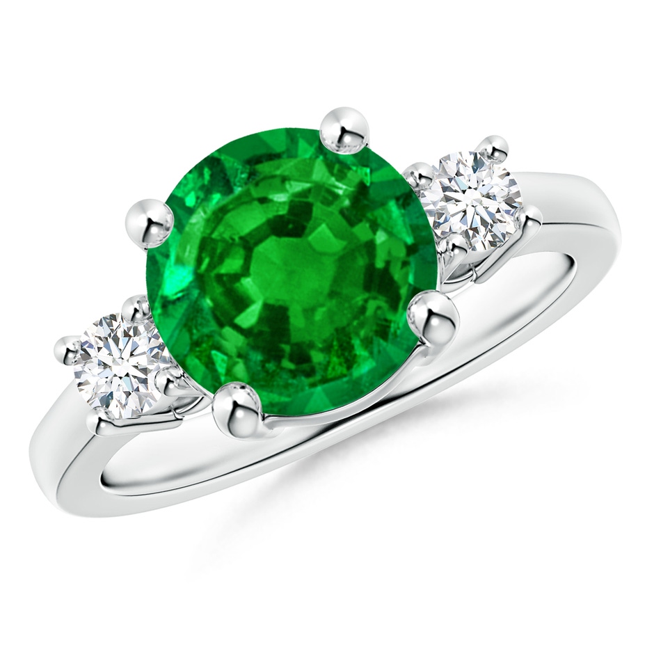 9mm AAAA Prong-Set Round 3 Stone Emerald and Diamond Ring in P950 Platinum 