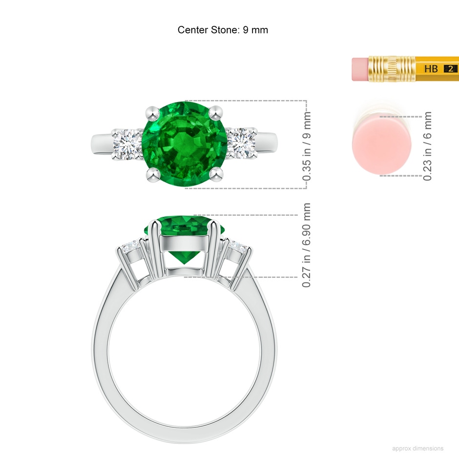 9mm AAAA Prong-Set Round 3 Stone Emerald and Diamond Ring in P950 Platinum ruler