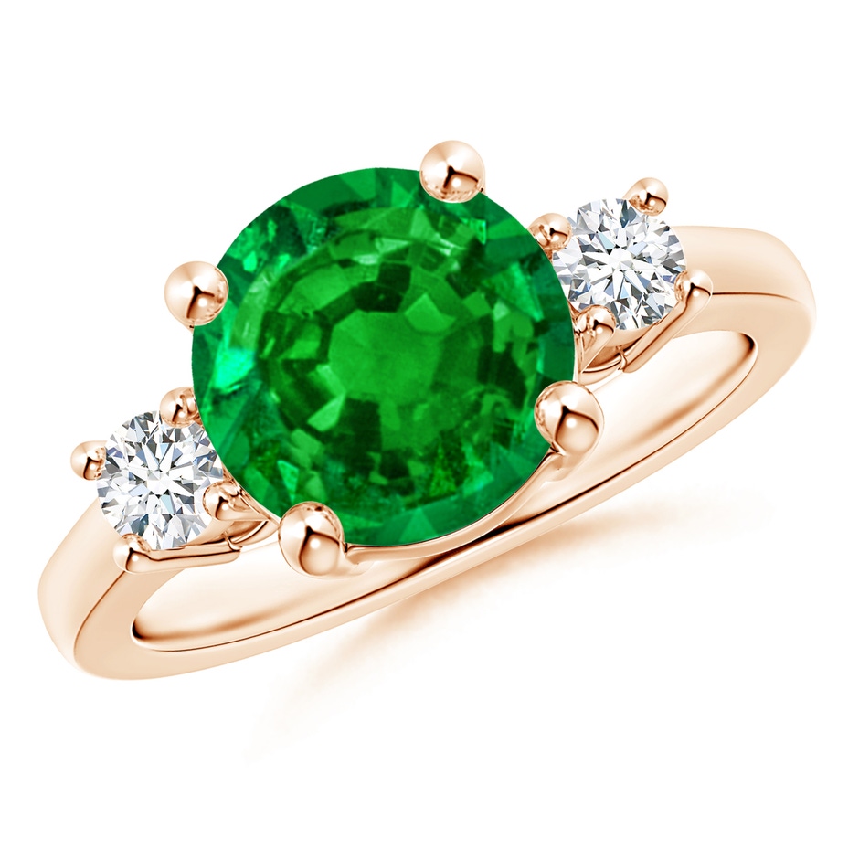 9mm AAAA Prong-Set Round 3 Stone Emerald and Diamond Ring in Rose Gold 
