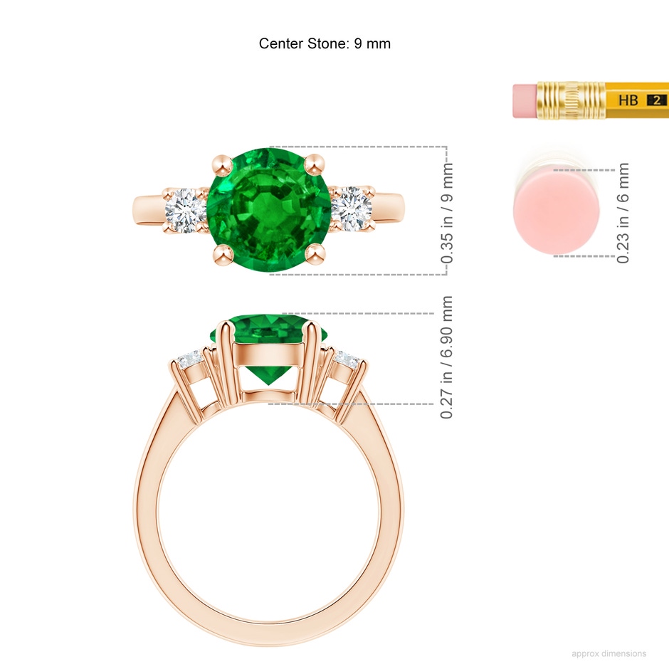 9mm AAAA Prong-Set Round 3 Stone Emerald and Diamond Ring in Rose Gold ruler