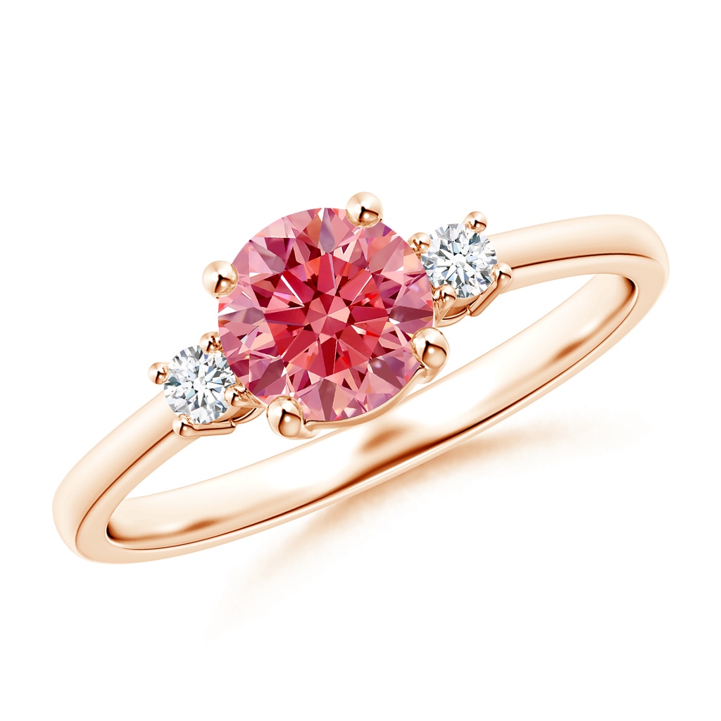 6.2mm AAAA Prong-Set Round 3 Stone Fancy Intense Pink and White Diamond Ring in Rose Gold