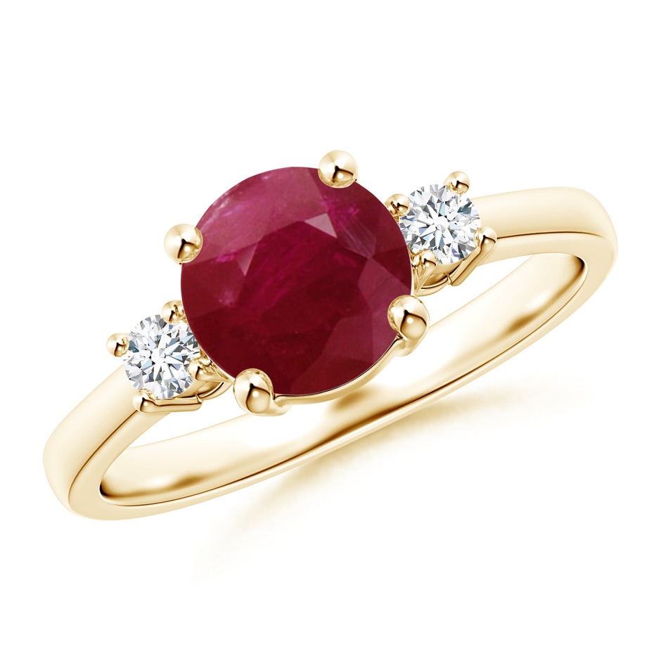 7mm A Prong-Set Round 3 Stone Ruby and Diamond Ring in 9K Yellow Gold 