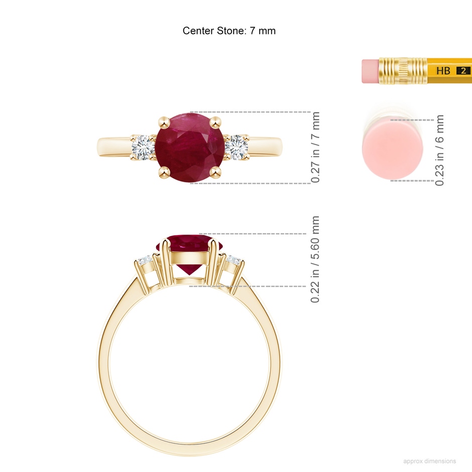 7mm A Prong-Set Round 3 Stone Ruby and Diamond Ring in 9K Yellow Gold ruler