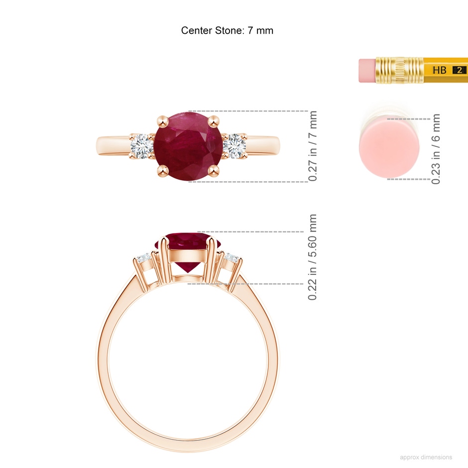 7mm A Prong-Set Round 3 Stone Ruby and Diamond Ring in Rose Gold ruler