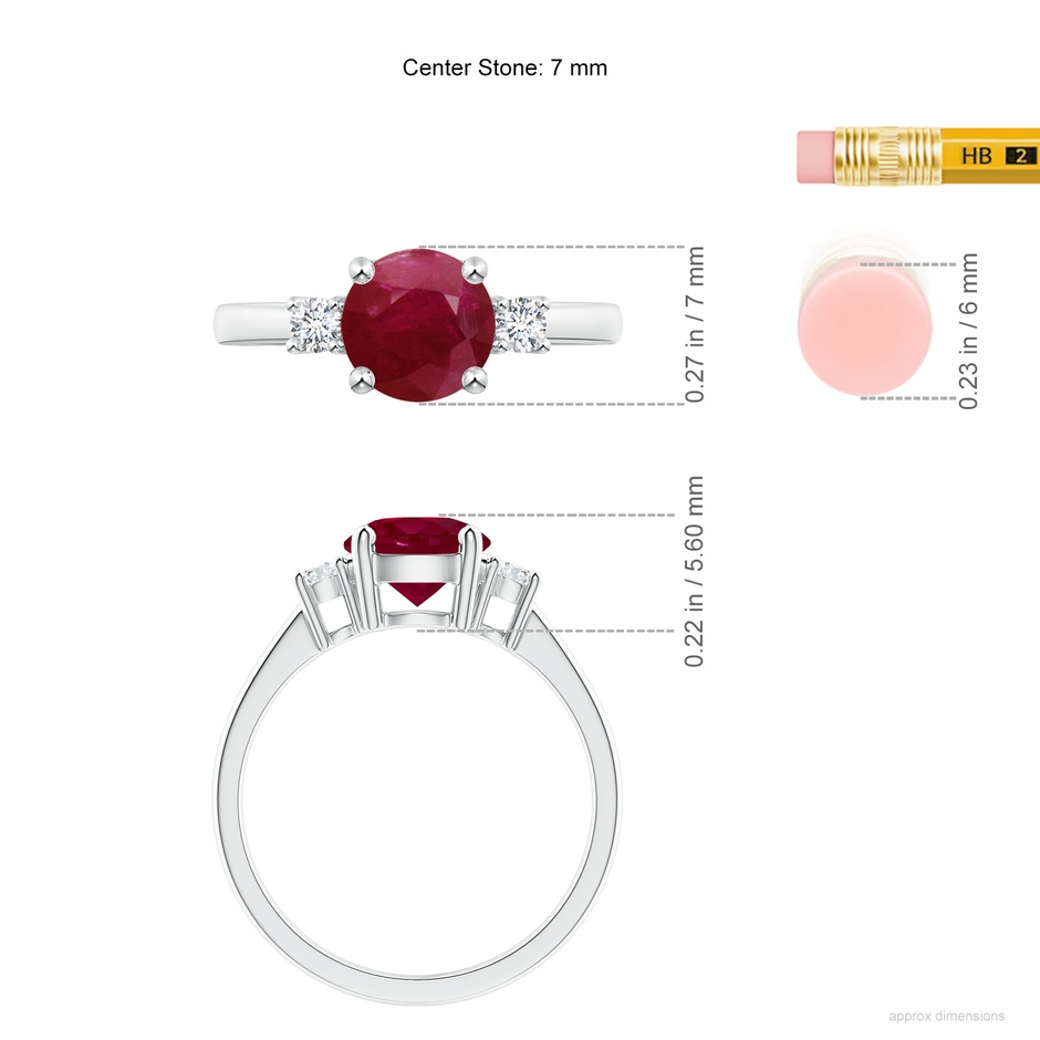 7mm A Prong-Set Round 3 Stone Ruby and Diamond Ring in White Gold ruler
