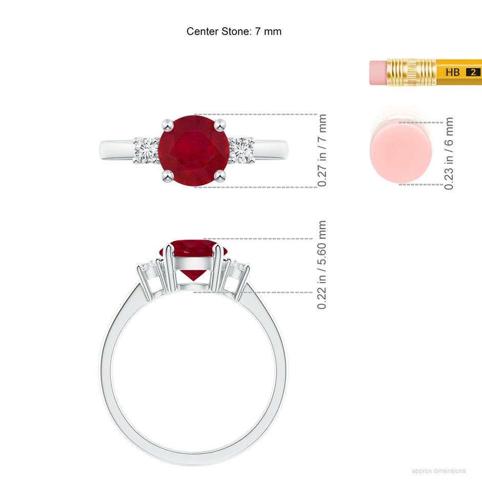 7mm AA Prong-Set Round 3 Stone Ruby and Diamond Ring in White Gold ruler