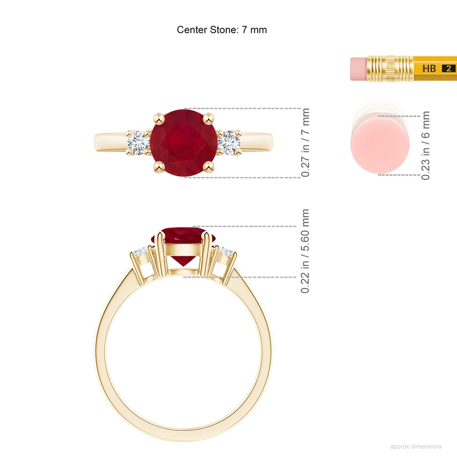 7mm AA Prong-Set Round 3 Stone Ruby and Diamond Ring in Yellow Gold ruler