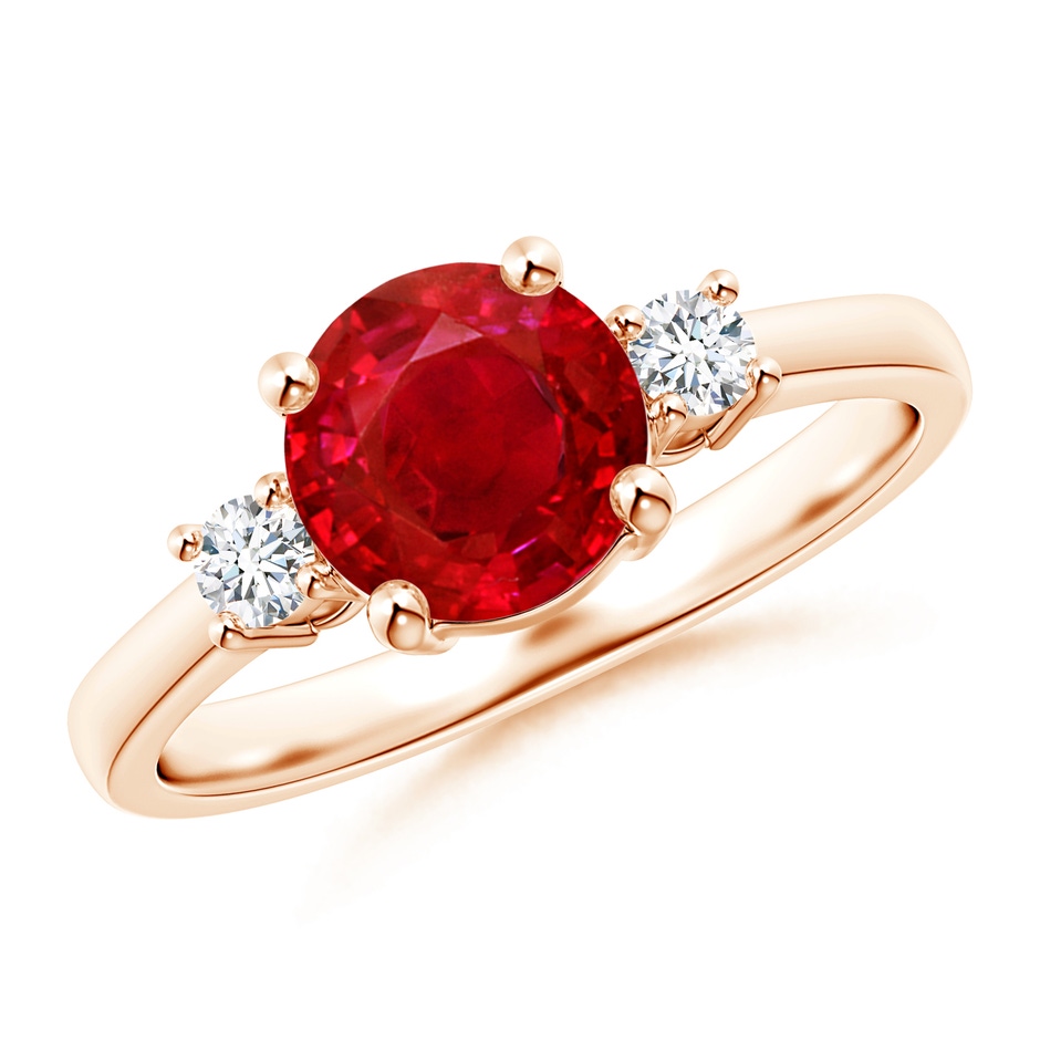7mm AAA Prong-Set Round 3 Stone Ruby and Diamond Ring in 18K Rose Gold 