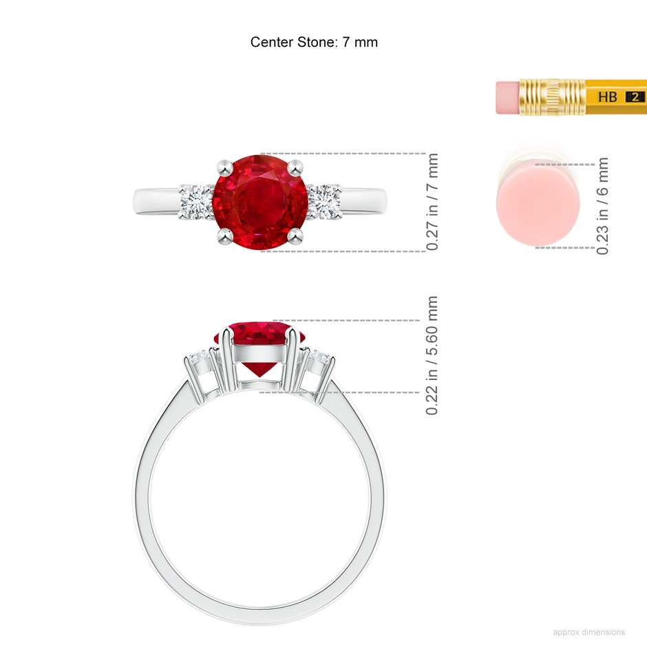 7mm AAA Prong-Set Round 3 Stone Ruby and Diamond Ring in 18K White Gold ruler