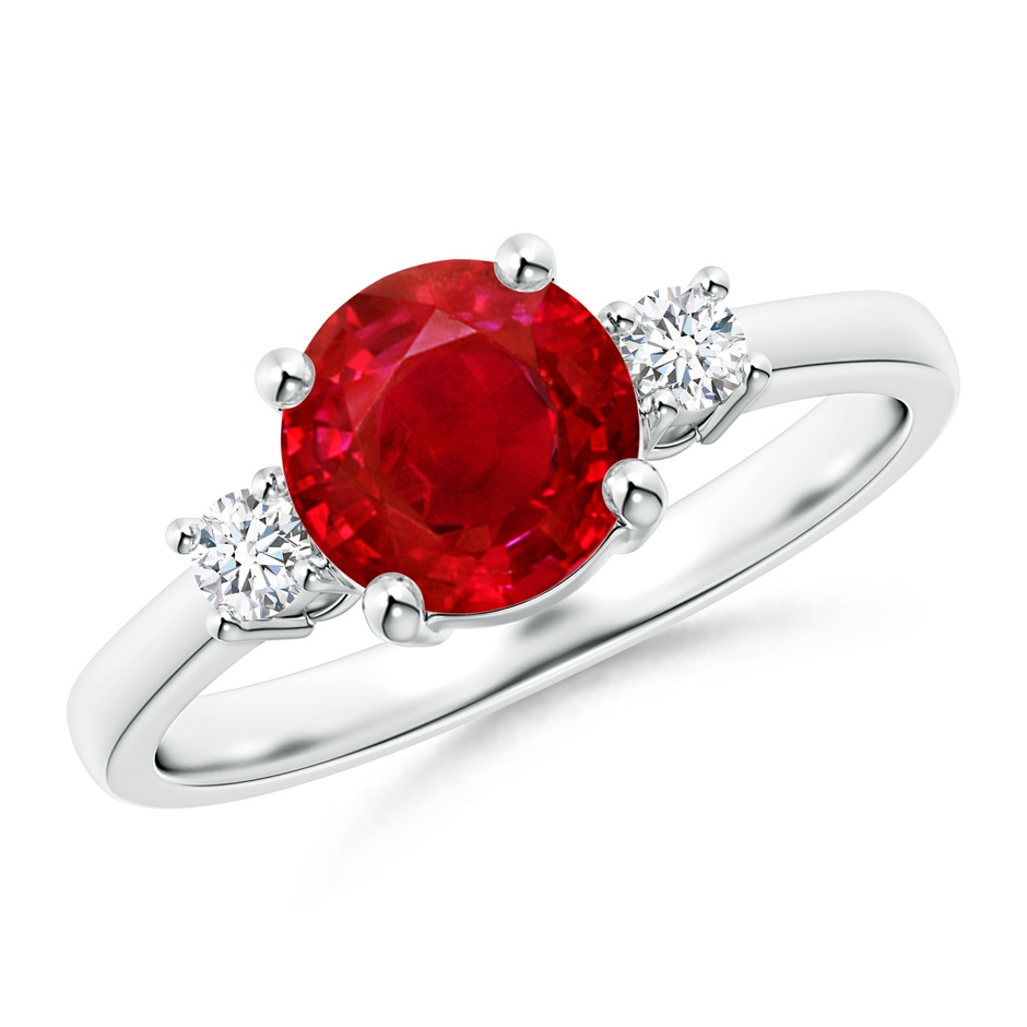 7mm AAA Prong-Set Round 3 Stone Ruby and Diamond Ring in White Gold 