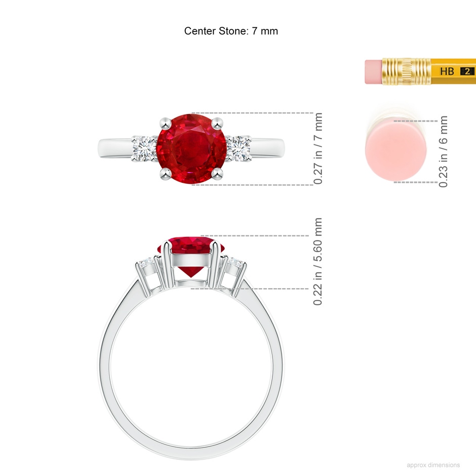 7mm AAA Prong-Set Round 3 Stone Ruby and Diamond Ring in White Gold ruler