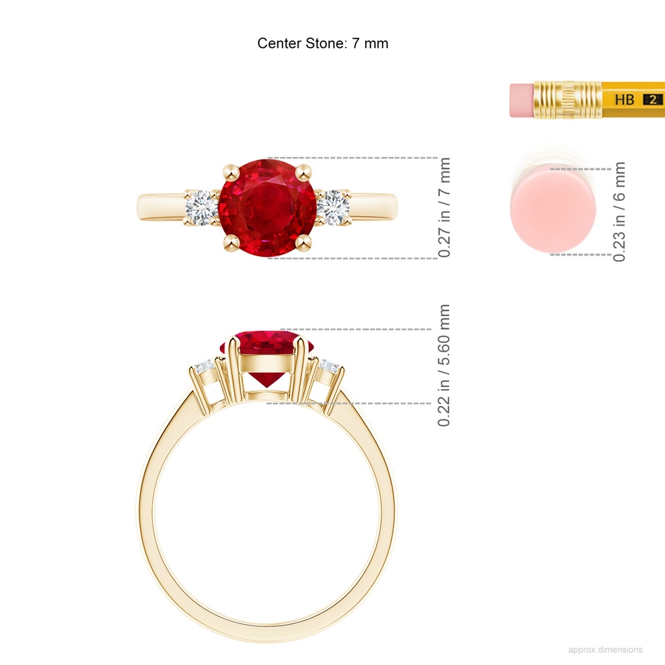 7mm AAA Prong-Set Round 3 Stone Ruby and Diamond Ring in Yellow Gold ruler