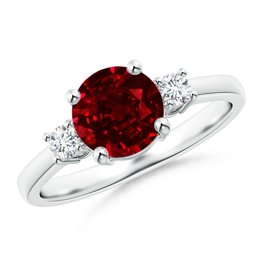7mm AAAA Prong-Set Round 3 Stone Ruby and Diamond Ring in P950 Platinum